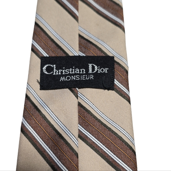 Vintage Christian Dior Monsieur Men silk Brown striped Neck Tie - Picture 3 of 3
